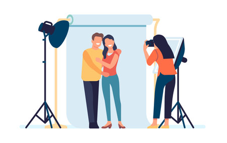 Photographer takes pictures of posing happy couple. Photo studio with professional lighting. Photoshoot Love story. Cameraman making snapshots. Photography shooting. Vector conceptのイラスト素材
