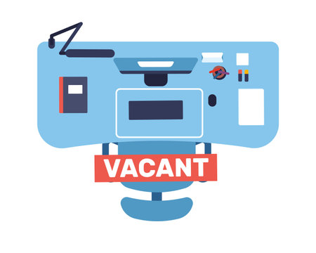 Workplace with vacant job sign. Office table top view. Employee recruitment. Company searching workers for hire. Empty vacancy. HR manager finding candidates. Vector employment conceptのイラスト素材