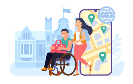 Disabled man and woman travel world. Phone application. Couple with disabilities. Male in wheelchair and female looking at sightseeing. Mobile map with landmark locations. Vector conceptのイラスト素材