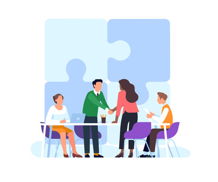 Two business people shaking hands. Assembled puzzle above them symbol of agreement. Negotiation success. Partners cooperation. Corporate deal. Jigsaw pieces connection. Vector conceptのイラスト素材