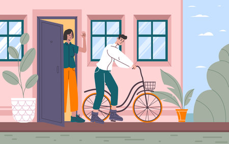 Leaving home. Funny guy with bike goes out door. Mother accompanies son on threshold. Farewell and separation. Teen with bicycle. Goodbye on house doorstep. House porch. Vector conceptのイラスト素材