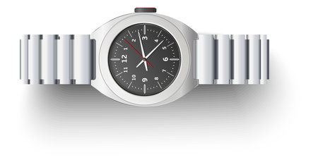 Office stationery. Realistic wristwatch. Time measurement. Watch dial with hour arrows and numbers. Businessman accessory. Metal chronometer. Accurate timepiece. Vector isolated objectのイラスト素材