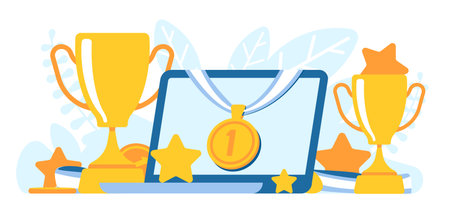 Prizes and winners. Medals for first place. Laptop with cup and other winning trophies. Competition victory. Achievement award. Stars and gold goblet. Computer rewards. Vector conceptのイラスト素材