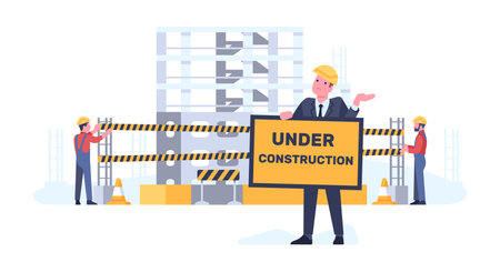 Under construction. Workman with sign board. City warning symbol. House building. Industrial workers. Real estate development. Confused foreman showing caution icon. Vector conceptのイラスト素材
