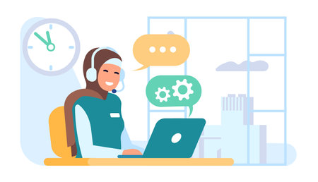 Arab woman working with laptop in customer service. Happy corporate employee sitting. Muslin female character in office workplace in traditional Islam clothing. Vector cartoon flat conceptのイラスト素材