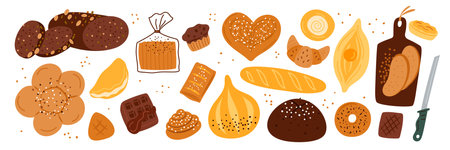 Cartoon bread products. Various fresh pastries, butter buns, croissants and baguette loaves,...