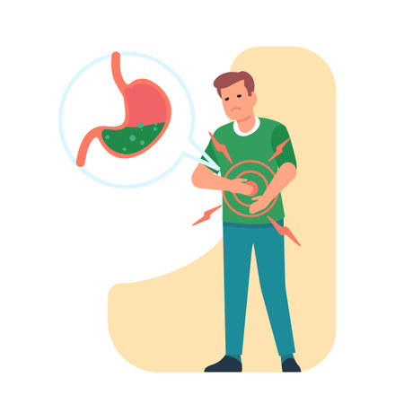 Guy holding stomach with his hands because of digestive problems and abdominal pains. Painful belly massage. Gastritis or indigestion. Medical symptom. Tummy disease. Vector conceptのイラスト素材