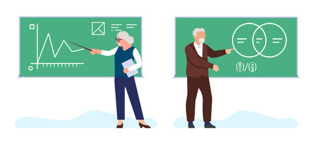 Senior lecturer. Professor teaches students at college or university. Elderly teachers standing at chalk blackboards. Algebra or geometry lesson. Math education. Vector lecture tutors setのイラスト素材