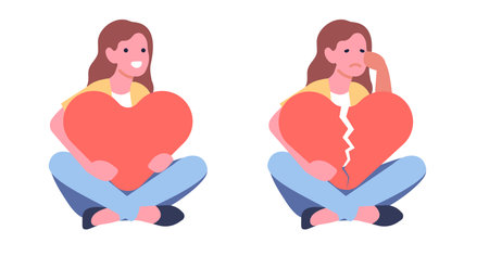 Young woman embraces big red heart. Whole and broken romance. Love or sadness of divorce. Relationship crisis. Female holding amour symbol. Feelings expression. Vector romantic girl setのイラスト素材
