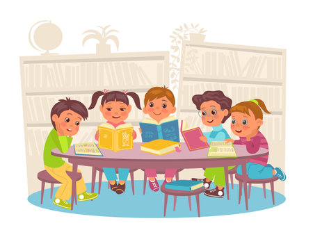 Cute children in library. Students sitting at table in reading room. Boys and girls with open books. Kids education. Elementary school classroom. Literature study. Splendid vector conceptのイラスト素材