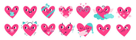 Cute hearts emoji. Cartoon romantic symbols. Smiling characters. Pink Valentines with positive emotions. Pretty faces. Amour icons. Romance and passion. Garish vector love emoticons setのイラスト素材