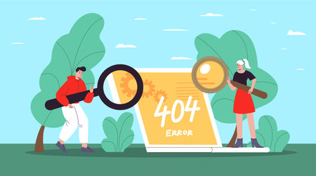 Error 404. Concerned webpage. People search with magnifying glass. Website disconnect. Guy and girl...