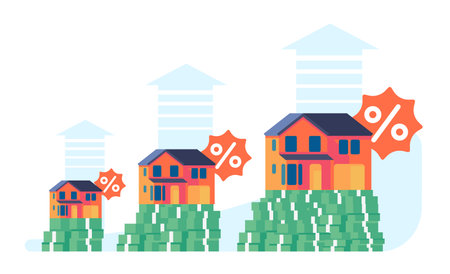 Home prices are rising. Real estate growth. Property value infographic. Money banknotes heaps. Banking mortgage rate progress chart. Financial diagram. Economy crisis. Vector conceptのイラスト素材