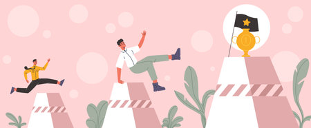 People overcoming obstacles. Businessmen race over rocks. Competition in company. Success striving. Men persistently running through mountains. Workers striving for goal. Vector conceptのイラスト素材