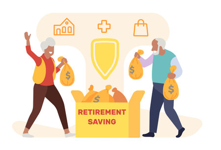 Old people collecting retirement savings. Elderly couple puts money bags in box. Pension fund. Banking deposit. Pensioners cash investment. Senior man and woman wealth. Vector conceptのイラスト素材