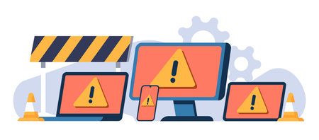Operating system program error icon on different devices. Warning symbols. Broken software....