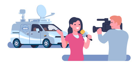 Journalist is reporting from scene outside news TV channels second car. Reporter with microphone recording video by camcorder. Reportage broadcast. Minivan with antennas. Vector conceptのイラスト素材