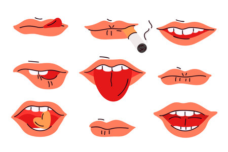 Male mouth expressions. Different lips emotions. Smiles and anger. Smoking cigarettes. Sticking out tongue. Candy in teeth. Man licking and biting. Garish vector facial elements setのイラスト素材