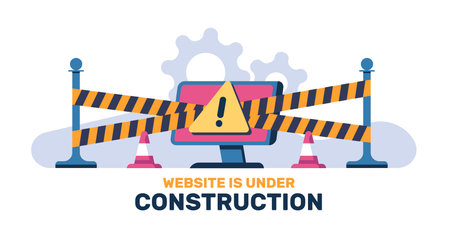 Website is under construction. Computer operating system repair. Web page malfunction. Alert sign. Broken software. Striped barriers. Internet service reconstruction. Vector conceptのイラスト素材