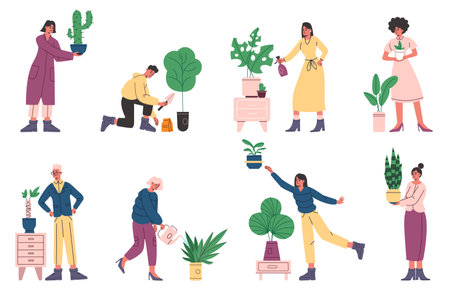 Cartoon happy people care room plants. Green cozy environment. Interior houseplants. Flowers growing in pots. Persons planting cactus and ficus in flowerpots. Vector home gardening setのイラスト素材