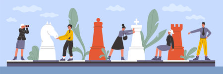 Cartoon persons with chess. People pushing big game pieces. Business checkmate. Queen and king. Players on chessboard. Knight and rook figures. Logic competition winner. Vector conceptのイラスト素材