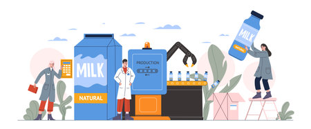 Dairy products production industry. Cartoon people work on automatic conveyor. Pasteurization process. Packaging of bottled milk. Food processing. Agriculture technology. Vector conceptのイラスト素材