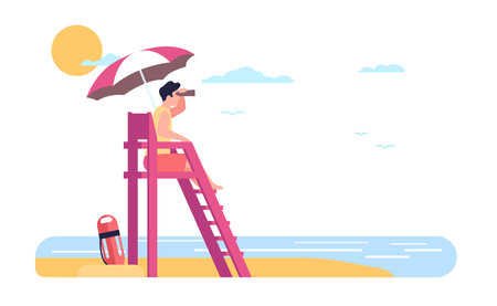 Lifeguard sits on observation tower. Lifesaver looks out at ocean through binoculars. Swimming safety. Beach emergency. Rescuer under umbrella. Summer vacation. Save life. Vector conceptのイラスト素材