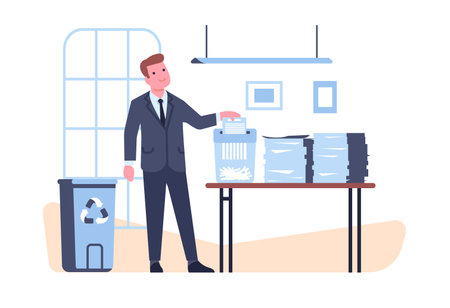 Man working with shredder. Office workplace. Worker shredding stack of documents. Paper pages piles on table. Dustbin for confidential destroyed sheets. Corporate privacy. Vector conceptのイラスト素材