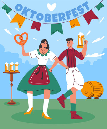 Oktoberfest characters poster. Funny dancing Bavarian couple in national costumes. German beer festival. Traditional autumn holiday. People holding pint glass and pretzel. Vector conceptのイラスト素材