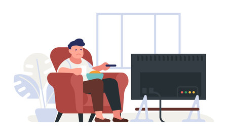 Sad fat guy watching TV and eating. Lazy man sitting in armchair in front of TV screen. Film television showing in living room. Overweight person. Sedentary lifestyle. Vector conceptのイラスト素材