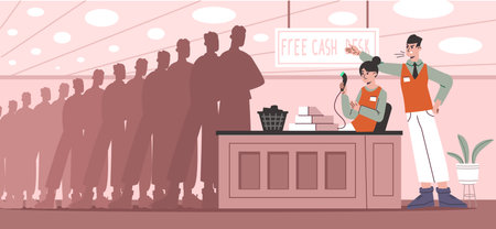 Workplace conflict. Manager yells at cashier. Silhouettes people queue. Chief subordinate confrontation. Stressful situation. Boss shouting at salesman. Depressed worker. Vector conceptのイラスト素材