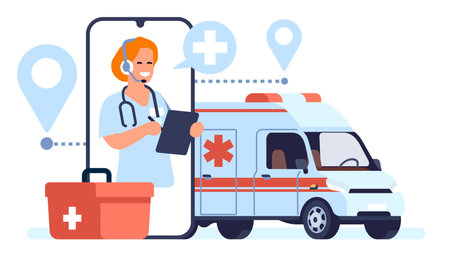 Calling ambulance using cell phone and hospital operator. Smartphone screen. Mobile communication with emergency paramedics. Clinic rescue vehicle. Contact with doctor. Vector conceptのイラスト素材