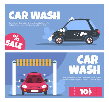 Car wash service banners. Horizontal posters with vehicles in foam. Self cleaning auto station. Transport means hygiene. Carwash sale promo flyers. Discount coupons set. Vector conceptのイラスト素材