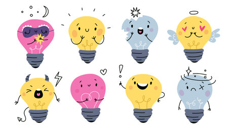 Cartoon light bulbs characters. Glowing and broken lamps with funny faces. Idea symbol. Invention and brainstorming emoticons. Sad or happy lightbulbs. Garish vector smiling mascots setのイラスト素材