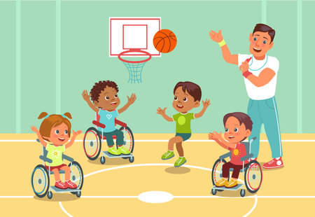 Disabled kids sport. Physical teacher trains children in wheelchairs. Athletes with disabilities play basketball. Handicapped teens and trainer on streetball court. Splendid vector conceptのイラスト素材