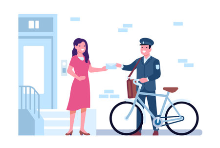Letter carrier with bag delivered mail to address and gave it woman. Female receiving correspondence. Postman with bicycle. House door porch. Postal courier in uniform. Vector conceptのイラスト素材