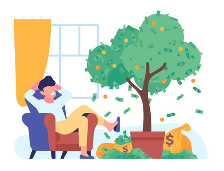 Man relaxes and gets money from passive income. Dollar banknotes tree. Successful investment. Male sitting in armchair. Cash bags. Financial profit. Easy finance earning. Vector conceptのイラスト素材