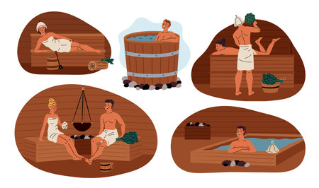 People bathing in sauna. Public steam bath therapy. Happy men and women steaming and washing. Spa or beauty procedure. Relaxation and body detox. Garish vector bathhouse scenes setのイラスト素材