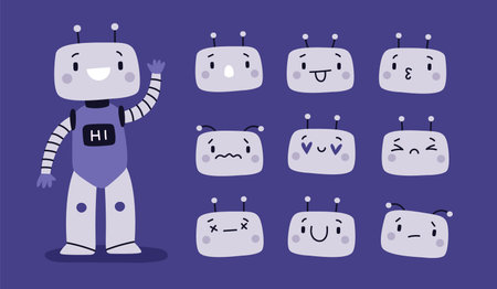Robot emotions. Emotional android avatars. Kids cyborg head. Digital application cute chatbot. Cartoon mascot. Facial expressions. Happy or sad faces. Robotic machine. Garish vector setのイラスト素材