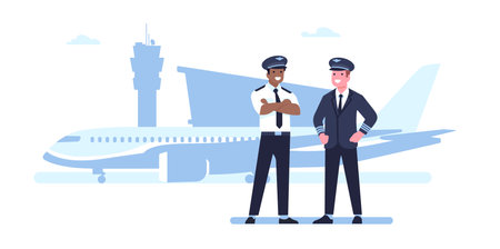 Two pilots in front of passenger plane. Airport staff. Airplane captain. Transportation by air. Standing men in uniform. Aviators occupation. Commercial aircraft flight. Vector conceptのイラスト素材