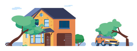 Broken tree fell on car. Trunk collapsed on house and destroyed it. Crashed residential building window and roof. Damaged automobile. Natural disaster. Property insurance vector setのイラスト素材