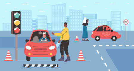 Driving test. Instructor is examining drive school student. Teacher checking knowledge of beginner. Obtaining process automobile driver license. Vehicle transportation. Vector conceptのイラスト素材