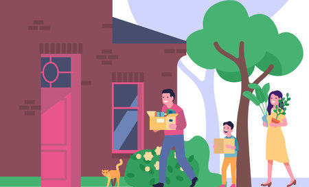 Family with various boxes moves into new big house. Parents and kid carrying stuff. Residential building exterior. People relocation. Happy couple and son in home yard. Vector conceptのイラスト素材