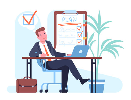 Man plans his to do list by making notes in notebook. Agenda and deadline planning. Completed tasks. Worker sitting at office table. Goals scheduling. Time management. Vector conceptのイラスト素材