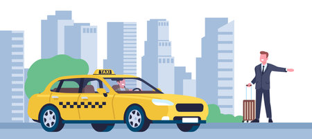 Man tries to catch taxi in street by raising his hand. Cab calling. Transportation by automobile. Car driver and passenger. Businessman in suit with baggage. Auto service. Vector conceptのイラスト素材