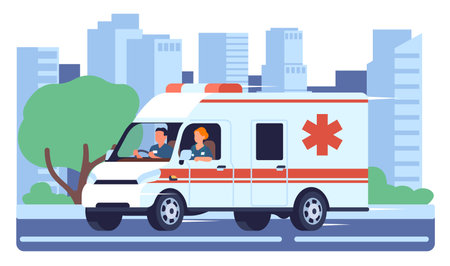 Medical car with alarm goes down metropolitan street. Ambulance vehicle driving down highway. City buildings and road. Hospital transport. Doctors in clinic automobile. Vector conceptのイラスト素材