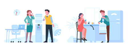 People drink water in office and home. Employees standing near cooler. Couple with beverage cups in kitchen. Plastic bottle. Aqua dispenser. Man and woman quenching thirst vector setのイラスト素材