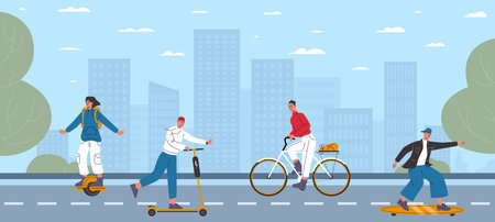 People on electric transport in city. Skateboard and scooter. Citizens on eco friendly vehicles. Man riding bicycle. Hipsters on road. Woman driving monowheel gyroscooter. Vector conceptのイラスト素材