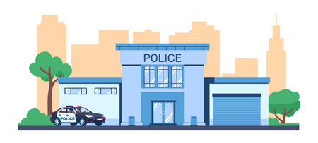 Police station. City building and car. Law security and investigation. Emergency service. Cops department architecture facade. Patrol automobile. Policemen office house. Vector conceptのイラスト素材
