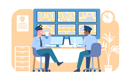 Security guards in control room look at screens of CCTV cameras. Police officers sitting at monitoring monitors. Video surveillance service. City secure supervision. Vector conceptのイラスト素材